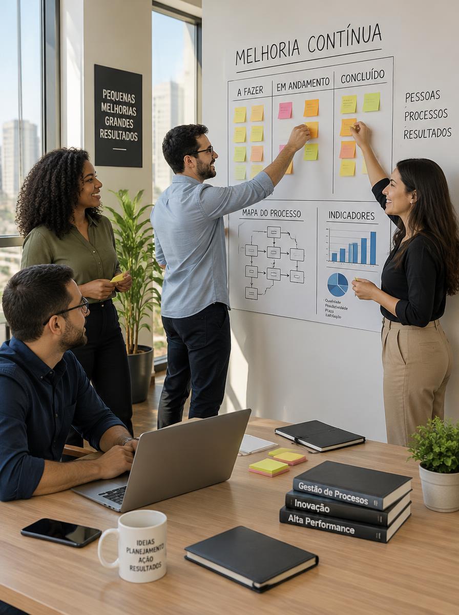 Equipe organizando melhorias em um quadro de processos e indicadores