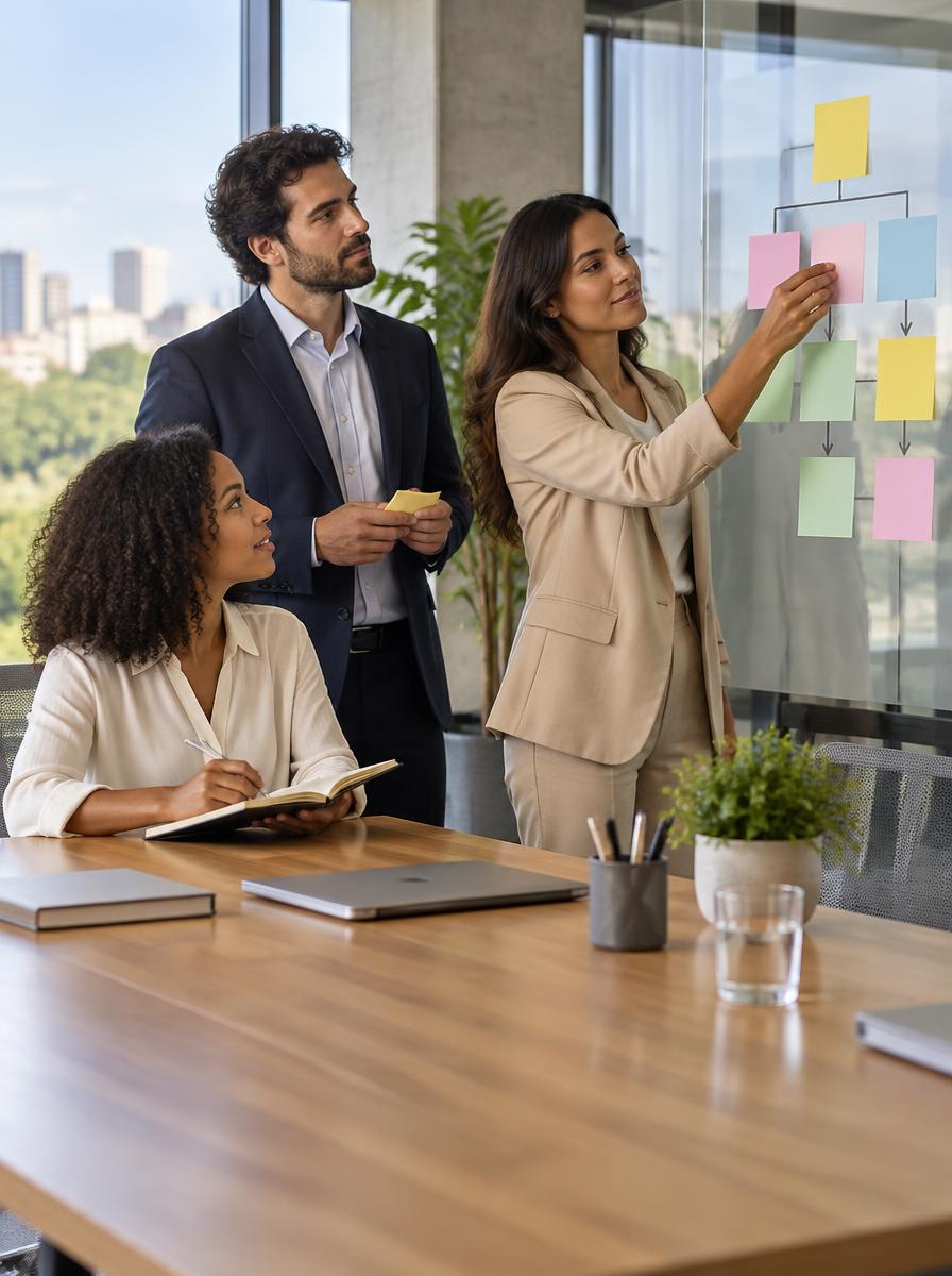 Equipe organizando um fluxo de processos com notas em um quadro de vidro